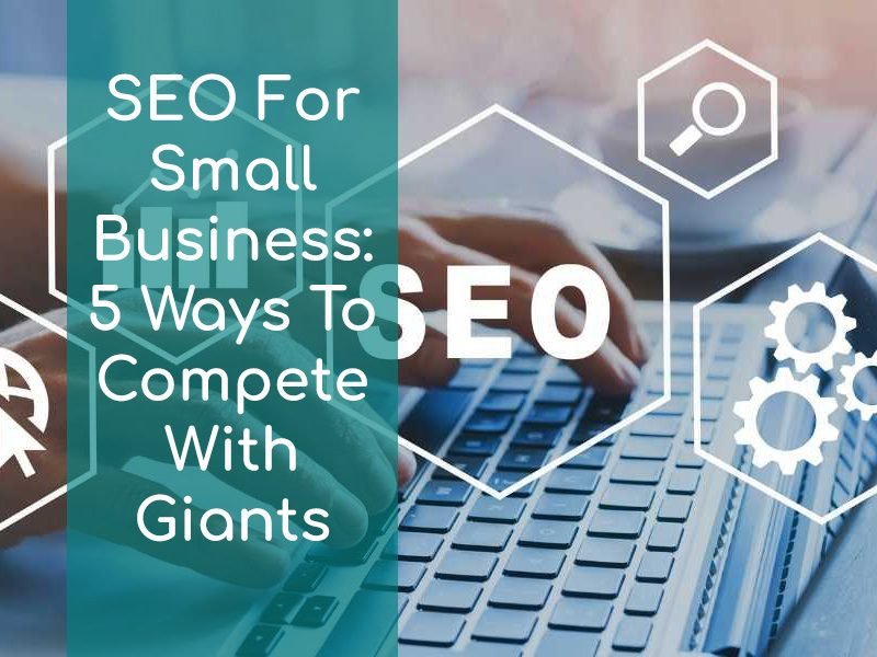TDC blog image showing a man using a laptop to do seo with text saying SEO for Small Businesses 5 ways to compete with giants
