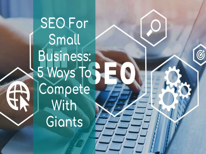 SEO For Small Business: 5 Ways To Compete With Giants 5 TDC blog image showing a man using a laptop to do seo with text saying SEO for Small Businesses 5 ways to compete with giants