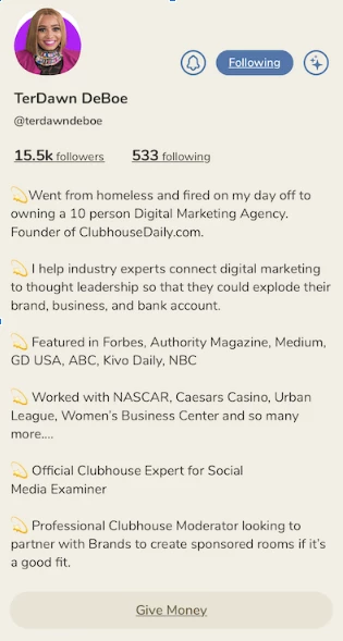 Clubhouse Strategy: How Your Business Can Benefit 2 screenshot of a clubhouse profile