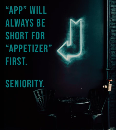 TDC image for app design that has text which says app will be short for appetizer first on plain background with neon green light arrow pointing to the left