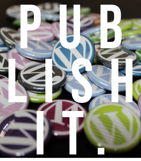 wordpress development page banner showing a bunch of badges with the wordpress logo on them in different colors and text on top of the entire image saying publish it