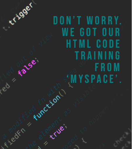 TDC web development image showing a sarcastic comment saying we got our training of html from myspace on a plain background