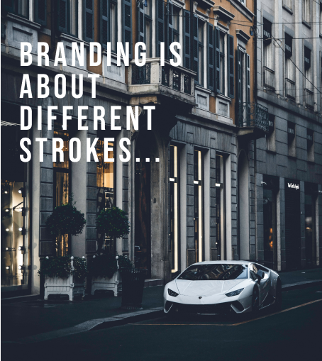 TDC Branding page image showing a lamborghini outside a hotel with text saying branding is about different strokes