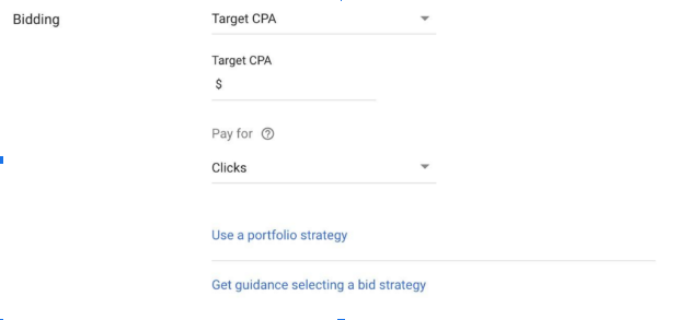 screenshot showing the target cpa bidding strategy