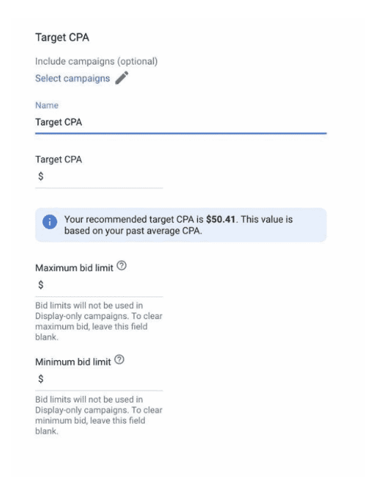 screenshot showing the remaining part of the target cpa bidding strategy