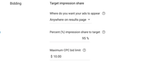 screenshot showing the target impression share bidding strategy