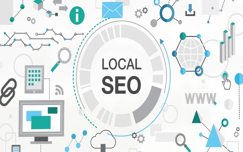 Can Local SEO Help My Business? 10 image showig the words Local SEO in the center surrounded by all the technical things that go into performing local seo