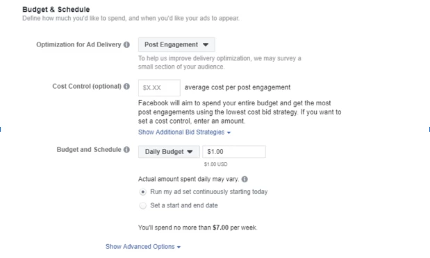 image showing the budgeting stage in the fb ad creation process in fb ad manager