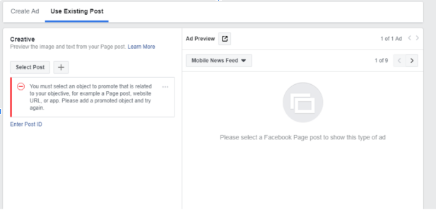 image showing the creative or post selection stage in the fb ad creation process in fb ad manager