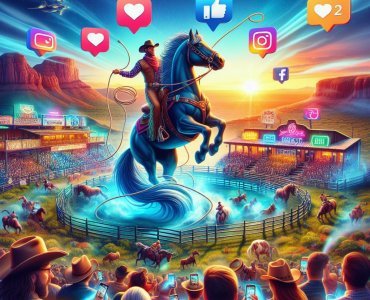 The image is a vibrant and colorful illustration of a rodeo event, with a modern twist incorporating social media elements. - A cowboy riding a rearing horse is in the center, surrounded by social media icons like likes, hearts, and logos of Instagram and Facebook. - The audience is depicted with their smartphones up, capturing the moment; each person is focused on their device. - The setting sun paints the sky with warm hues of orange and yellow, casting long shadows and highlighting the dust kicked up by other horses in the background. - In the backdrop, there are mountains and a stadium filled with spectators; neon signs light up to add to the lively atmosphere