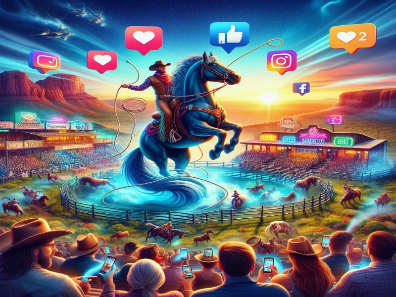 The image is a vibrant and colorful illustration of a rodeo event, with a modern twist incorporating social media elements. - A cowboy riding a rearing horse is in the center, surrounded by social media icons like likes, hearts, and logos of Instagram and Facebook. - The audience is depicted with their smartphones up, capturing the moment; each person is focused on their device. - The setting sun paints the sky with warm hues of orange and yellow, casting long shadows and highlighting the dust kicked up by other horses in the background. - In the backdrop, there are mountains and a stadium filled with spectators; neon signs light up to add to the lively atmosphere