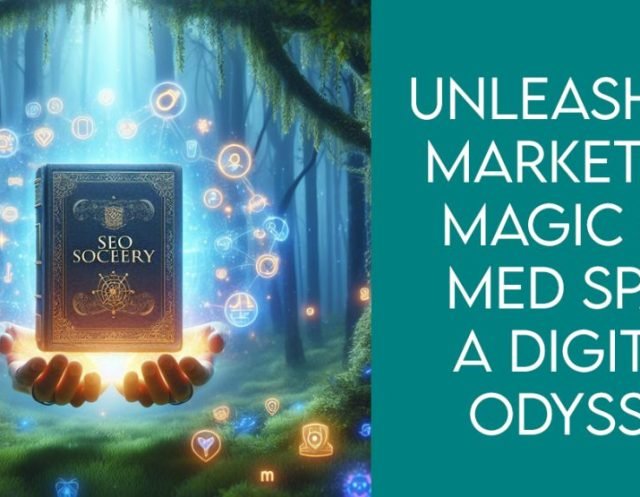 A mystical book with the title "SEO Sorcery" floating in a magical forest, surrounded by glowing keywords and search engine icons.