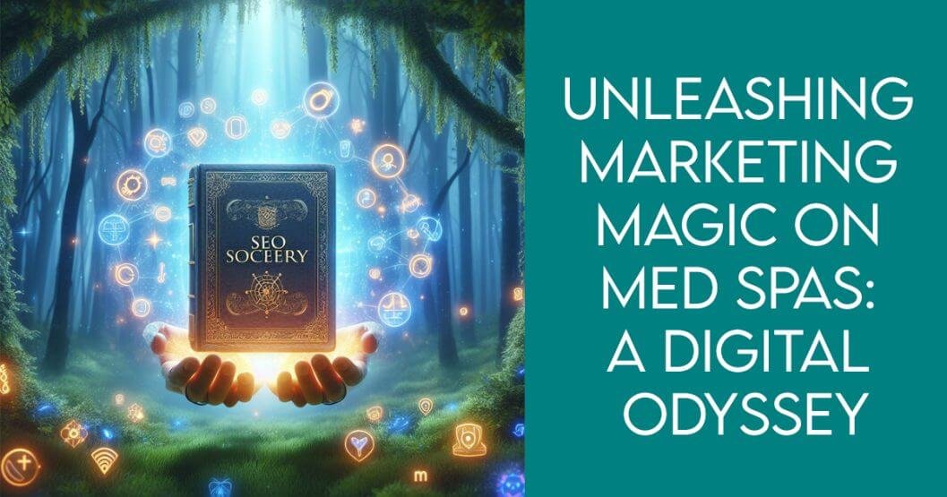 A mystical book with the title "SEO Sorcery" floating in a magical forest, surrounded by glowing keywords and search engine icons.