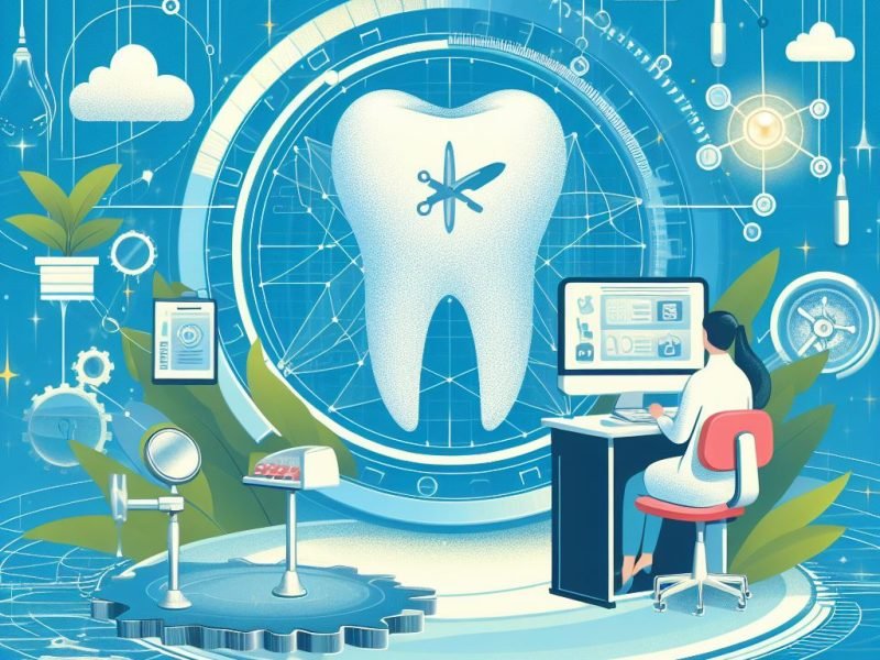 A banner for a dental marketing guide with the title, description, and icons of key topics on a colorful background featuring a dental clinic imagery