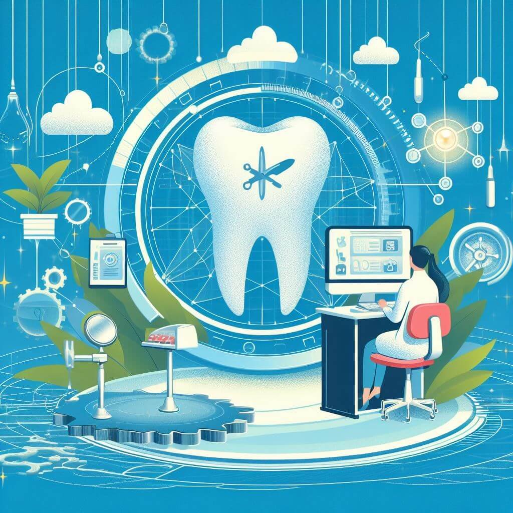 A banner for a dental marketing guide with the title, description, and icons of key topics on a colorful background featuring a dental clinic imagery