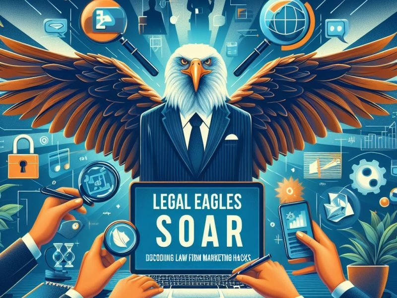An illustration of a professional eagle holding a sign about law firm marketing hacks, with icons of legal and digital marketing services around it.