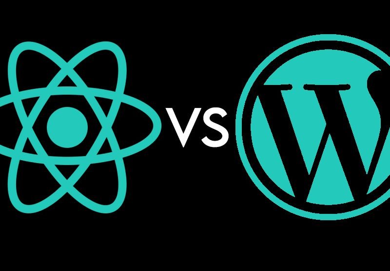 image showing React Vs Wordpress. the logos of react and wordpress on a black background with a VS in the middle