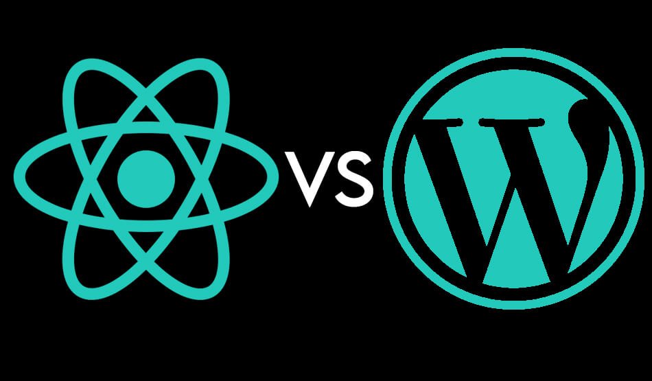image showing React Vs Wordpress. the logos of react and wordpress on a black background with a VS in the middle