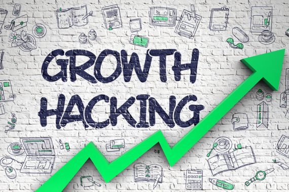 Growth Hacking - Business Concept with Hand Drawn Icons Around on the Brick Wall Background. Growth Hacking Inscription on Modern Style Illustation. with Green Arrow and Doodle Design Icons Around.