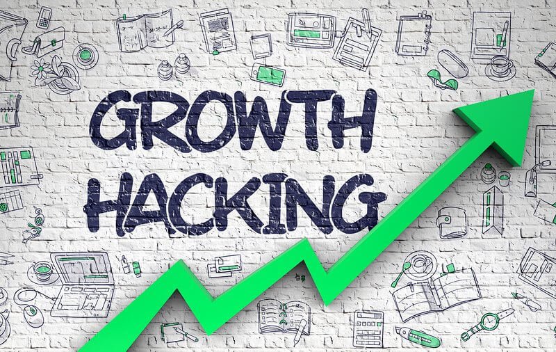 Growth Hacking - Business Concept with Hand Drawn Icons Around on the Brick Wall Background. Growth Hacking Inscription on Modern Style Illustation. with Green Arrow and Doodle Design Icons Around.