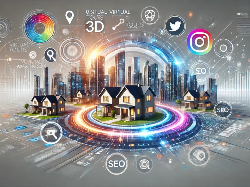 A dynamic and modern banner image showcasing digital tools and technology in the real estate industry. The image features elements such as virtual tours, 3D walkthroughs, high-quality property images and videos, social media icons, SEO symbols, and a futuristic cityscape in the background. The overall color scheme is professional and vibrant, reflecting a tech-savvy and innovative approach.