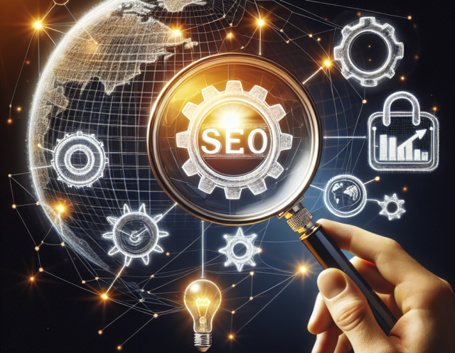 Magnifying glass focusing on SEO with interconnected digital icons and a globe, representing the global impact and interconnectedness of search engine optimization strategies.