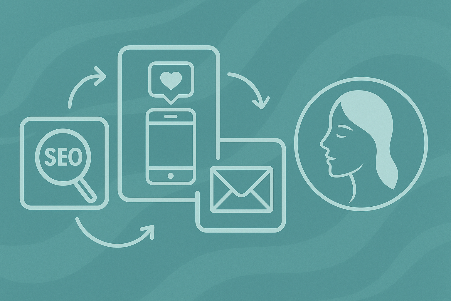 Flat digital illustration of med spa marketing icons including SEO, social media, and email, connected by arrows on a calming teal gradient background with a stylized female face.