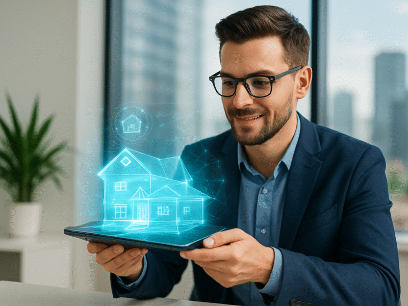 Real-estate agent examining a glowing 3-D hologram of a house projected above a tablet in a bright, modern office with a city skyline beyond large windows.