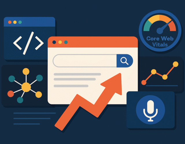 A 2D digital illustration depicting advanced SEO concepts with elements like a search bar, coding symbols, Core Web Vitals speedometer, graph, voice search icon, and interconnected nodes over a dark blue background.