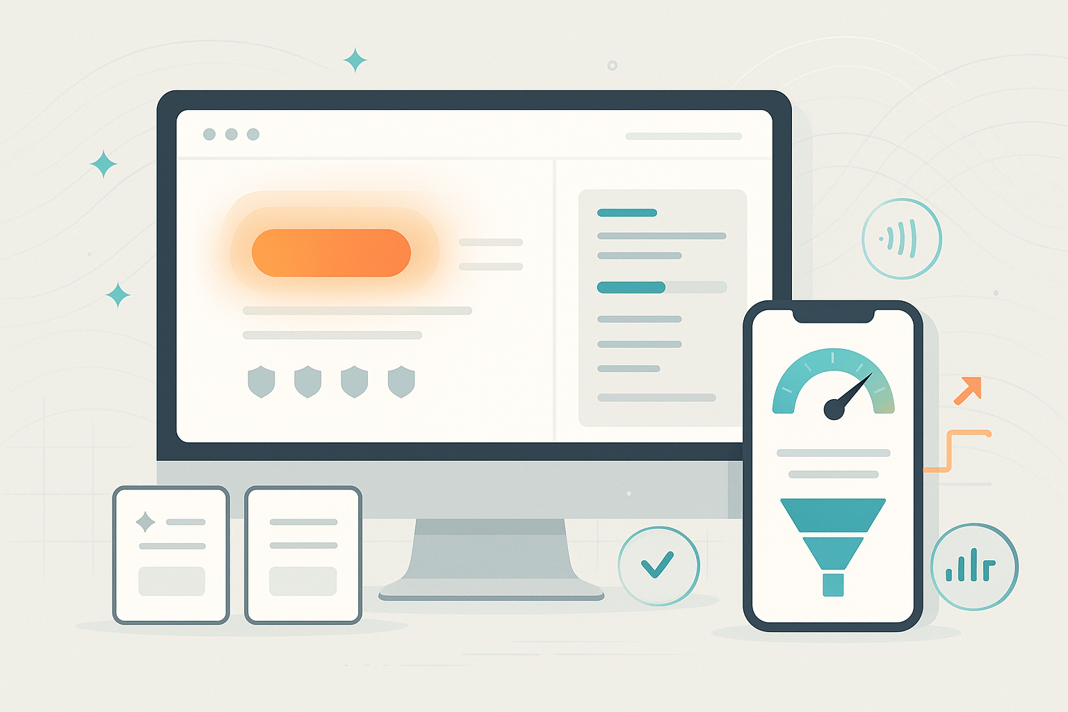 Clean, conversion-focused website UX concept showing desktop and mobile screens with a bold CTA shape, heatmap glow, speed/performance gauge, trust badges, form progress, and a conversion funnel—no text or logos.
