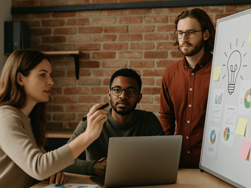 A diverse group of creative professionals collaborates in a modern office, gathered around a whiteboard covered in colorful charts and a sketched lightbulb, symbolizing innovative brainstorming and teamwork.
