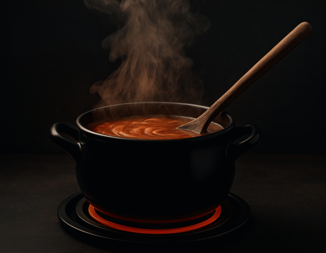 A dramatic close-up of a black ceramic pot on a glowing stovetop, with steam rising as a wooden spoon stirs swirling red liquid — symbolizing stirring up heat and intensity.