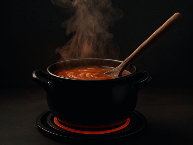 A dramatic close-up of a black ceramic pot on a glowing stovetop, with steam rising as a wooden spoon stirs swirling red liquid — symbolizing stirring up heat and intensity.