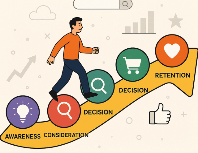Illustration of the customer journey stages represented as a winding path with icons for awareness, consideration, decision, and retention, guided by a character walking forward.