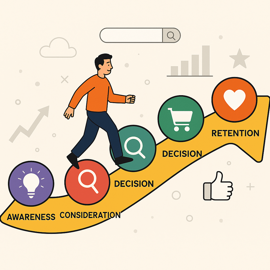Illustration of the customer journey stages represented as a winding path with icons for awareness, consideration, decision, and retention, guided by a character walking forward.