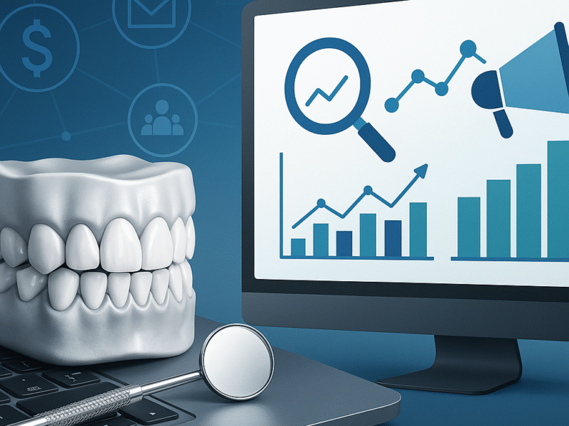 A composite digital illustration represents dental marketing with a dental model and mirror on a laptop beside a screen displaying charts and marketing icons.