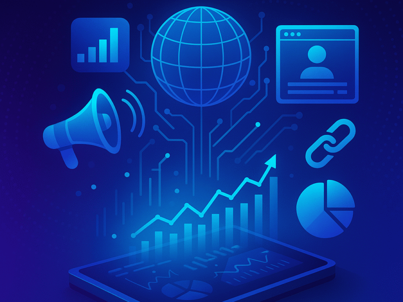 A futuristic digital marketing concept illustration featuring a glowing wireframe globe, data graphs, charts, and marketing icons like a megaphone and link symbol, all emerging from a floating tablet against a deep blue and purple background.