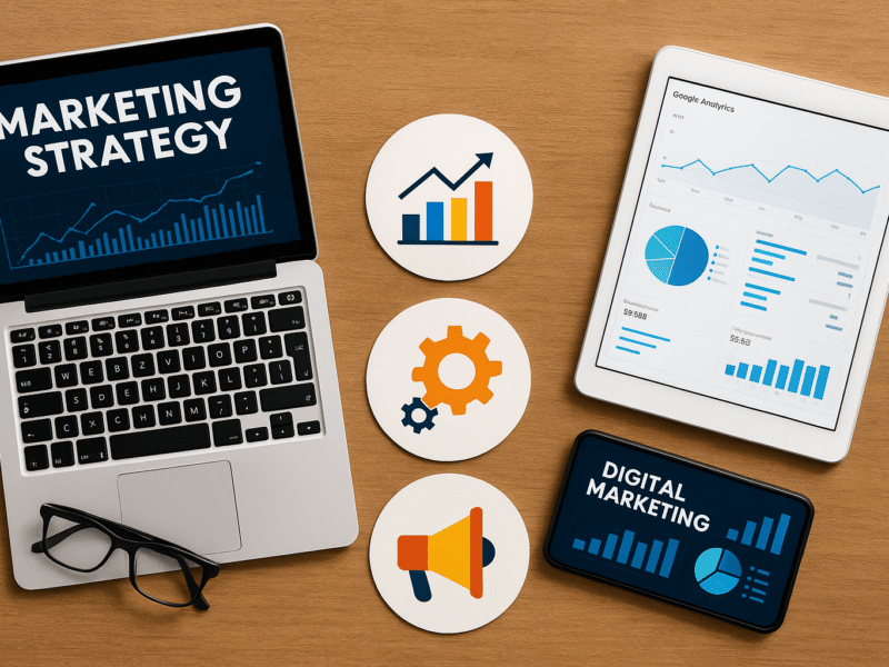 Flat lay of laptop, tablet, and smartphone displaying marketing dashboards alongside icons for growth, automation, and promotion, representing essential digital marketing tools.