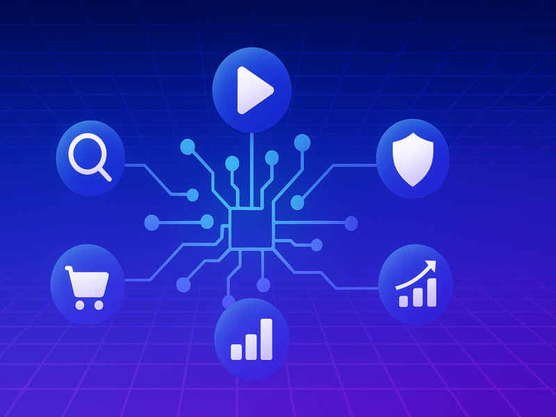 Abstract blue-to-purple gradient grid with a central AI node linking glowing icons for search (magnifying glass), short-form video (play button), privacy (shield), e-commerce (shopping cart), and analytics (rising bars); no text.