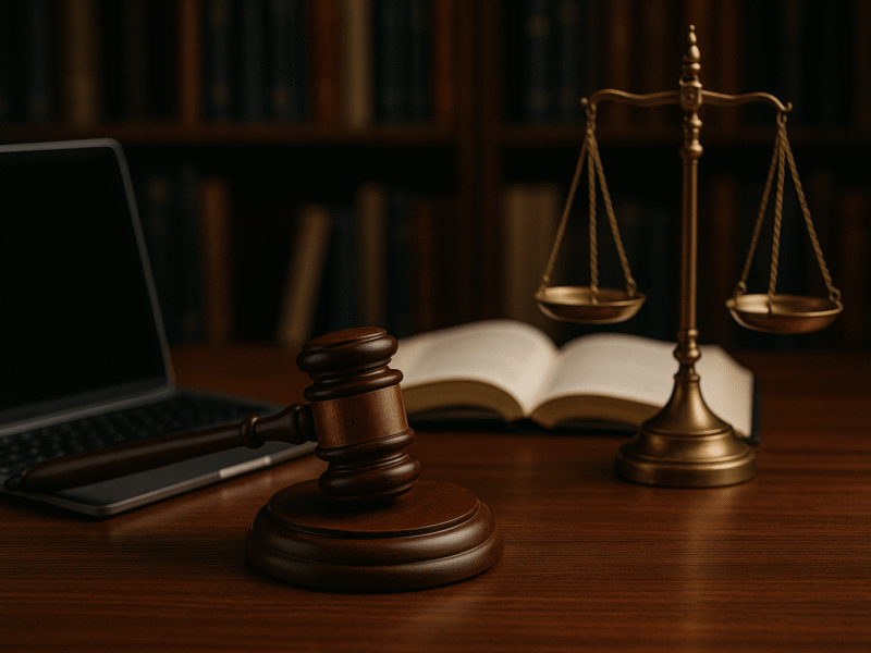 A photograph depicts a wooden judge's gavel, brass scales of justice, and an open laptop on a law office desk, with a blurred bookshelf in the background.