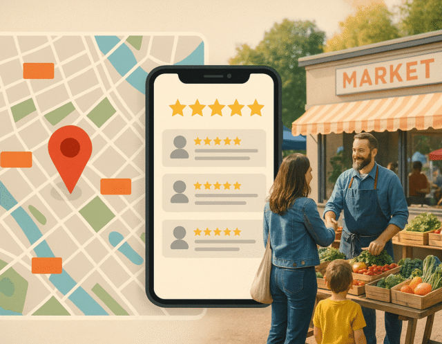 A conceptual illustration showing local marketing success — a city map with a red location pin, a smartphone displaying customer reviews with star ratings, and a lively outdoor market where a shopkeeper shakes hands with a customer in front of a fresh produce stand.