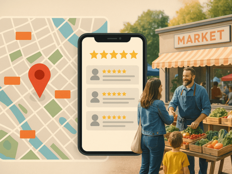 A conceptual illustration showing local marketing success — a city map with a red location pin, a smartphone displaying customer reviews with star ratings, and a lively outdoor market where a shopkeeper shakes hands with a customer in front of a fresh produce stand.