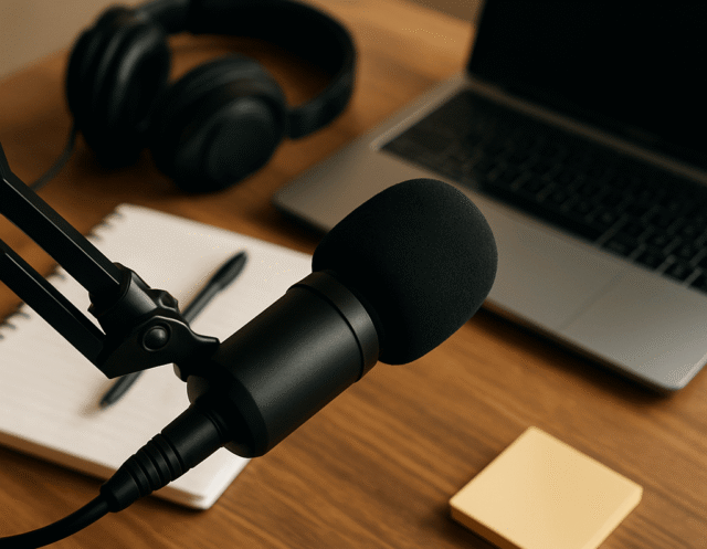 A podcasting setup on a wooden desk with a black microphone on a boom arm in focus, headphones resting on an open notebook, a silver laptop, and sticky notes in the background.