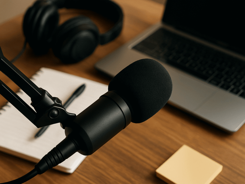 A podcasting setup on a wooden desk with a black microphone on a boom arm in focus, headphones resting on an open notebook, a silver laptop, and sticky notes in the background.