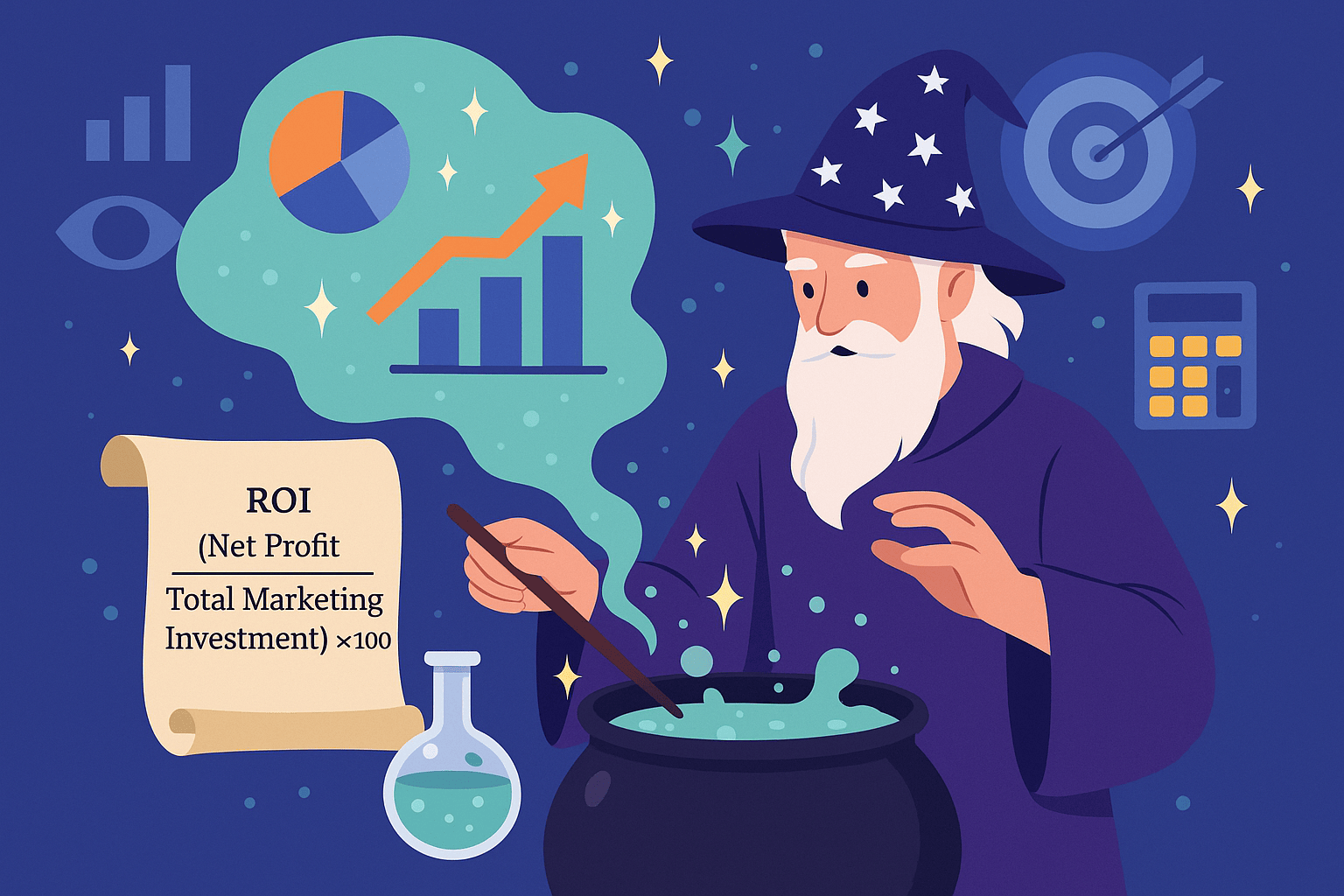 A wizard in a starry robe stirs a glowing cauldron surrounded by magical digital marketing elements like charts, graphs, and a scroll with an ROI formula, representing the mystical art of measuring ROI in digital campaigns.