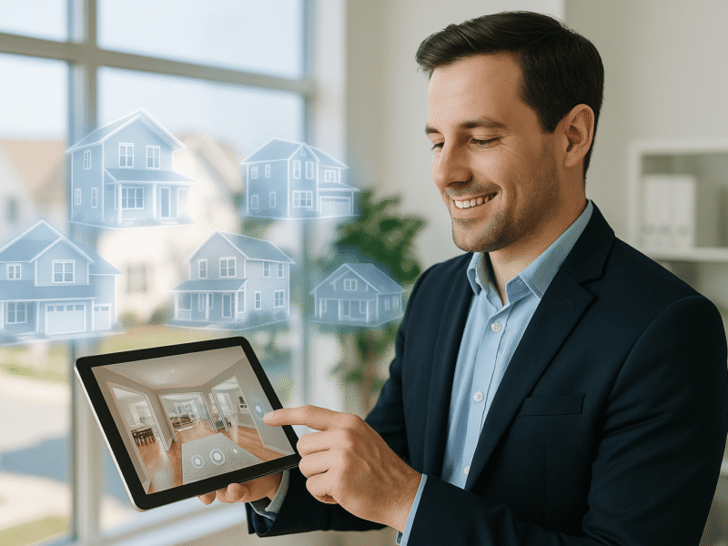 Real estate agent using a tablet to display a 3-D virtual home tour with holographic property listings floating in the air.