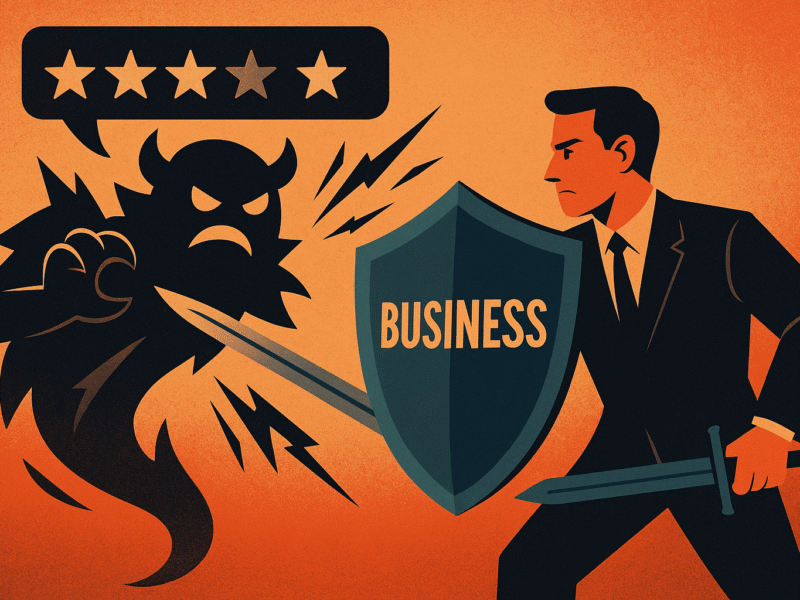 A digital illustration depicts a battle scene between a determined businessman in a suit holding a sword and shield labeled "BUSINESS" against a dark, horned, angry figure representing a one-star review, set on a fiery orange and blue background.