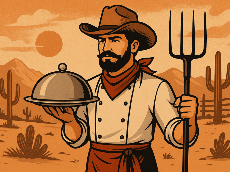 A digital illustration of a cowboy chef holding a serving platter and pitchfork in a desert setting with cacti and mountains in the background, evoking a western restaurant marketing theme.