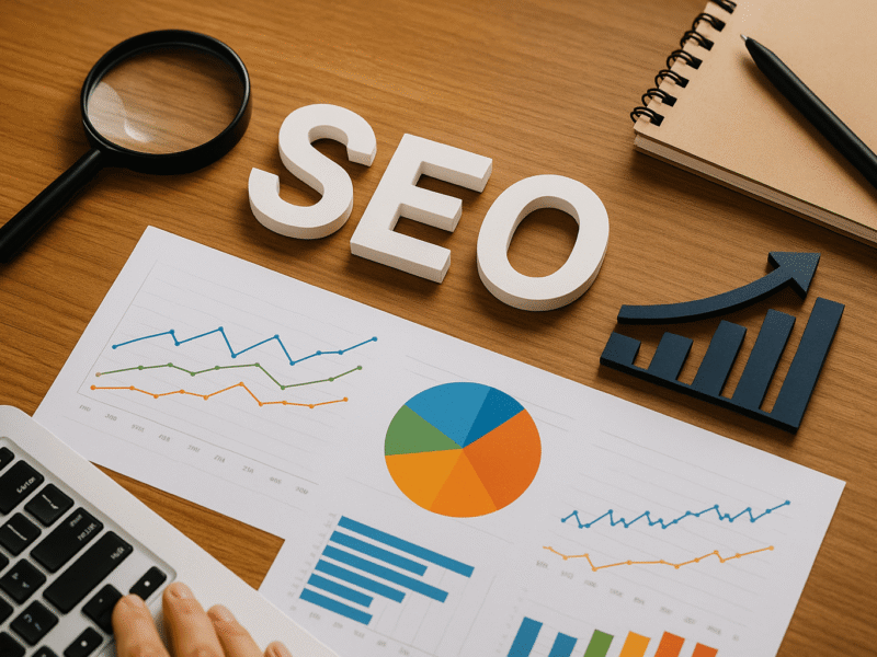 A photograph showcases SEO tools, symbols, and charts on a wooden desk, including a magnifying glass, the letters "SEO," colorful graphs, a notepad with a pen, and a laptop keyboard with a person's hand typing.