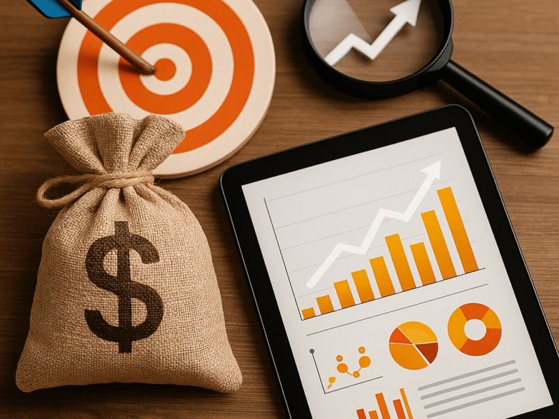 A digital photograph displays budget, financial and marketing concepts with a money bag, a tablet showing growth charts, a target with an arrow, and a magnifying glass highlighting an upward trend.
